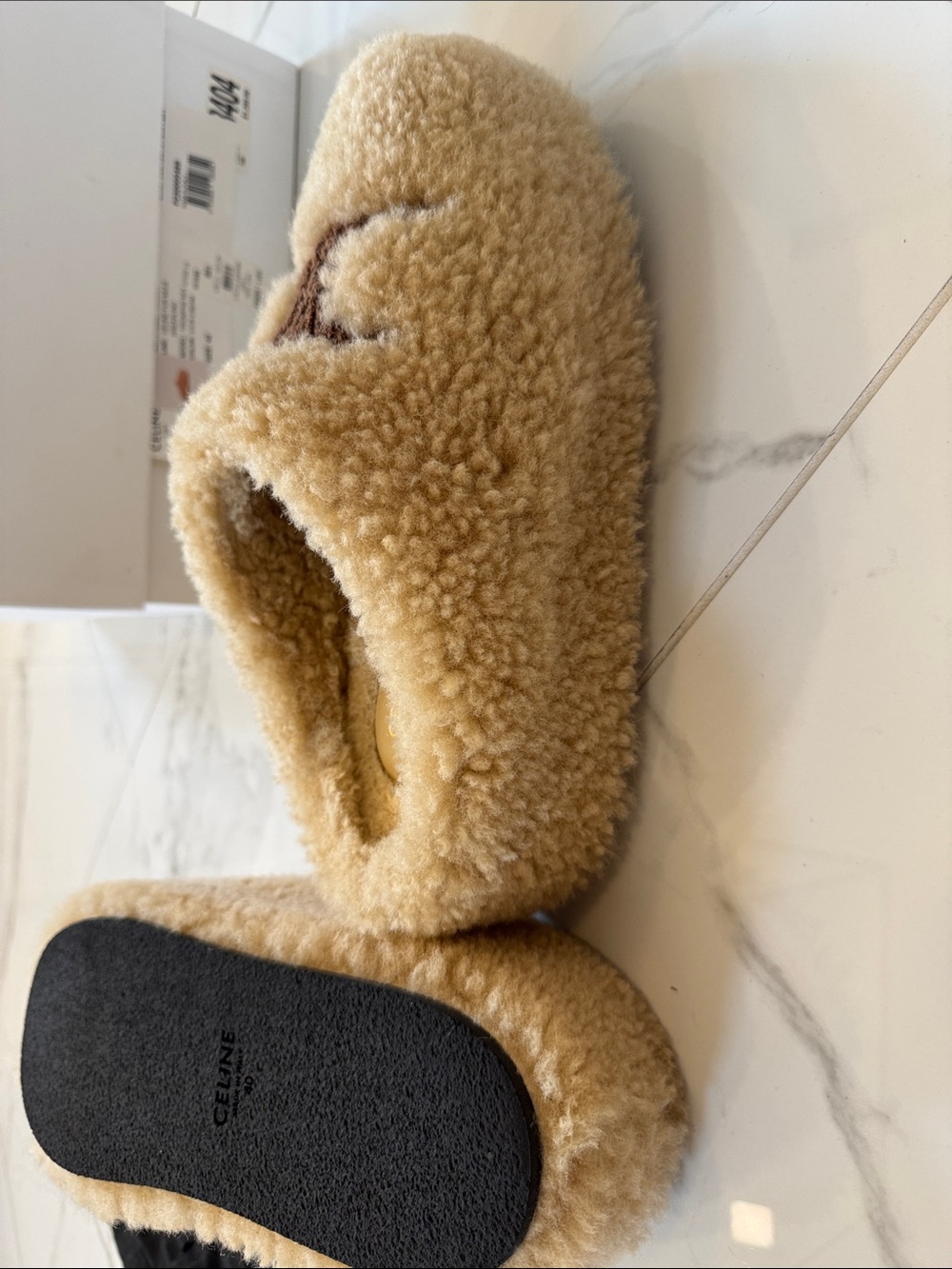 Celine Shearling Logo Clogs in Beige and Brown - Picture 2 of 5